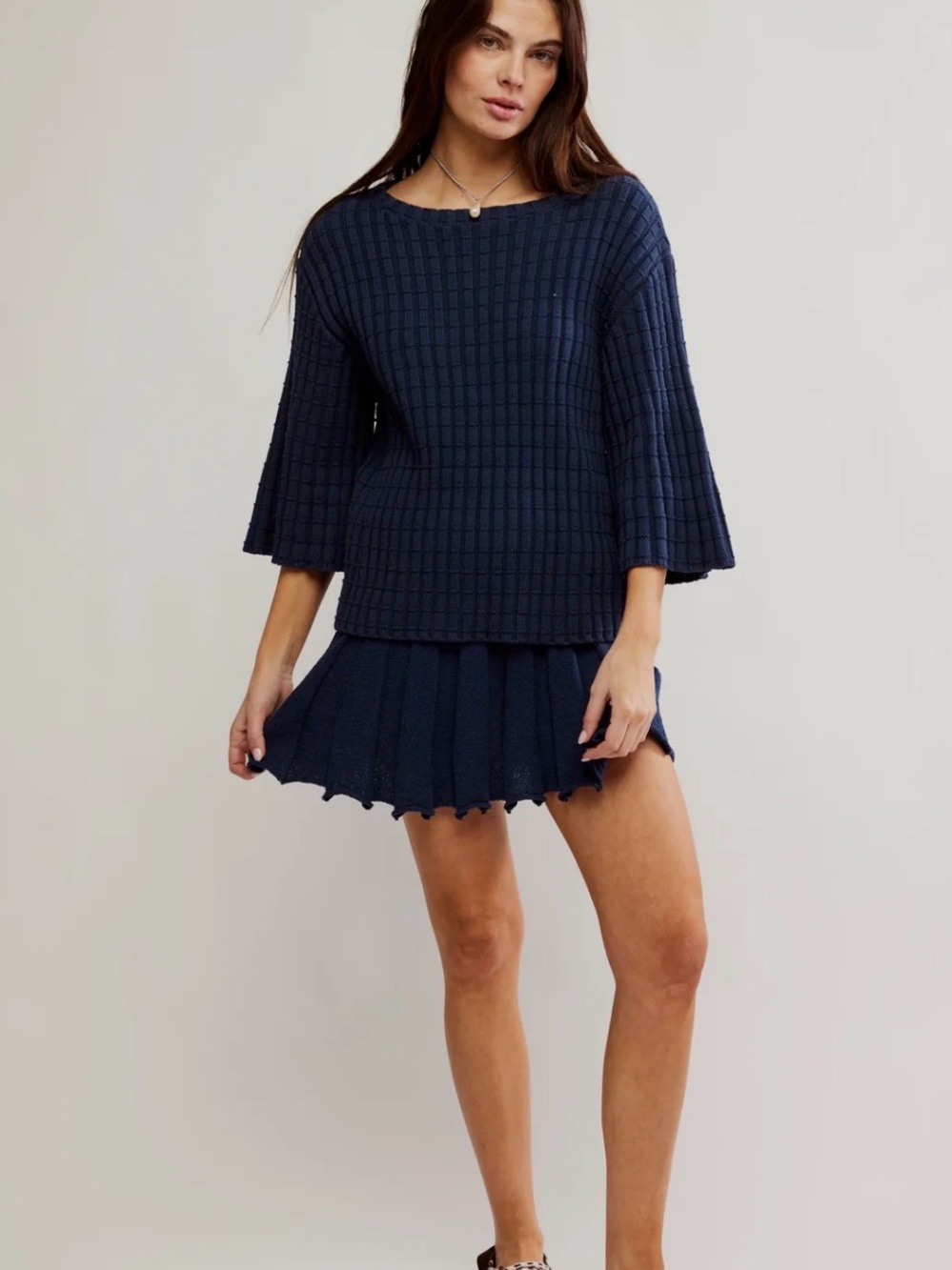 25. Free People • NWOT $ Navy Pleated Knit Mini Skirt W15.5”-21”